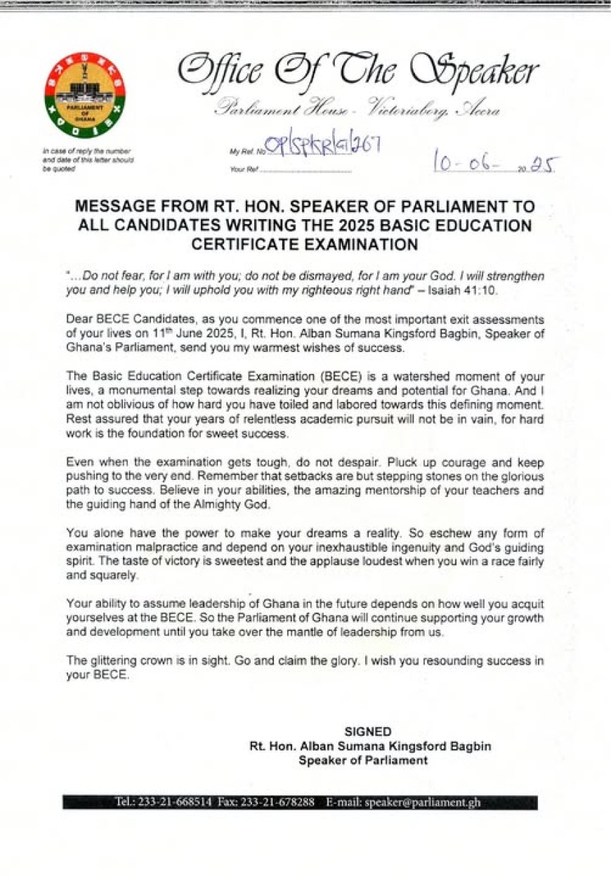 Speaker of Parliament Inspires 2025 BECE Candidates with Message of Hope and Encouragement