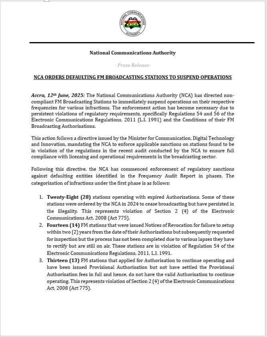 NCA Orders 62 Defaulting FM Stations to Suspend Operations Over Regulatory Violations