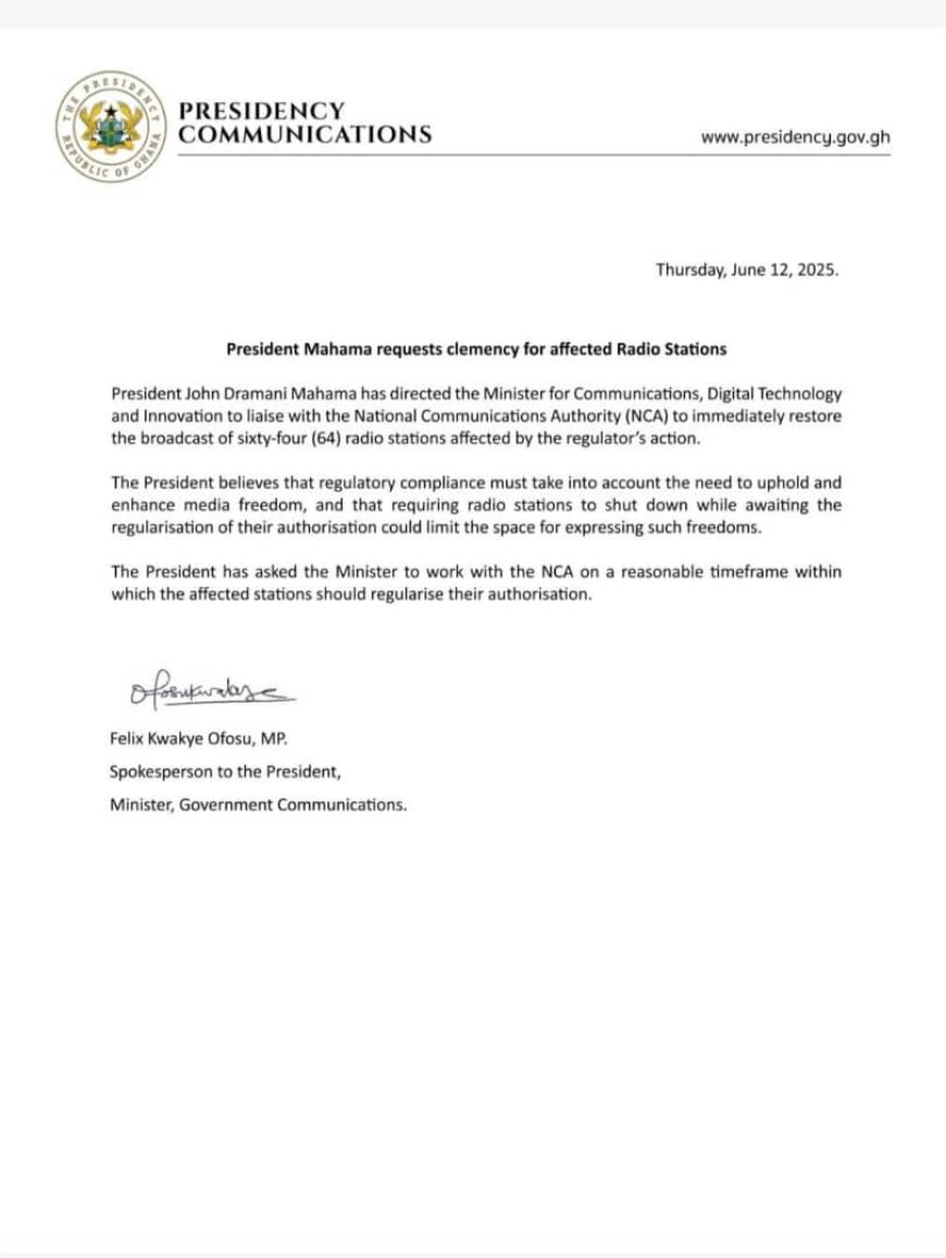 President Mahama request clemency for affected radio stations