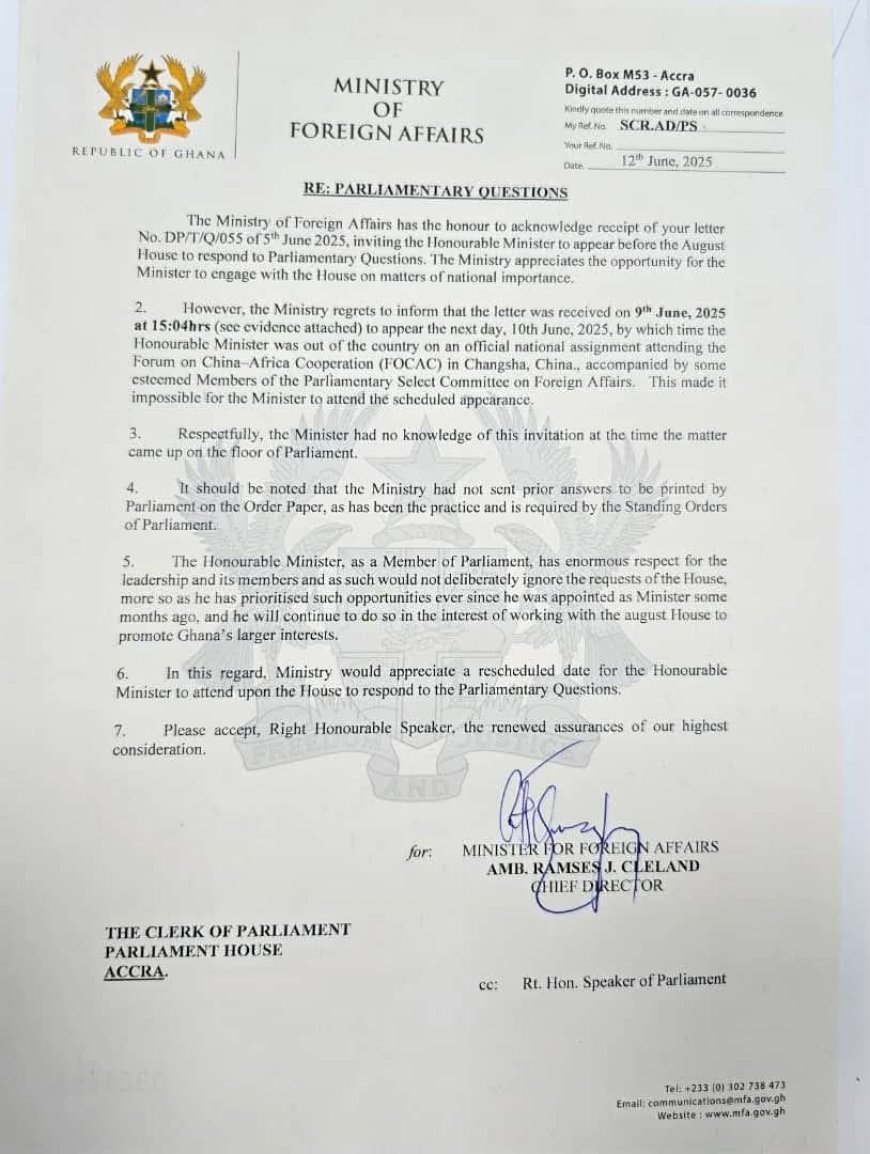 Foreign Affairs Minister Clarifies Absence from Parliament, Calls for Rescheduling of Question Time