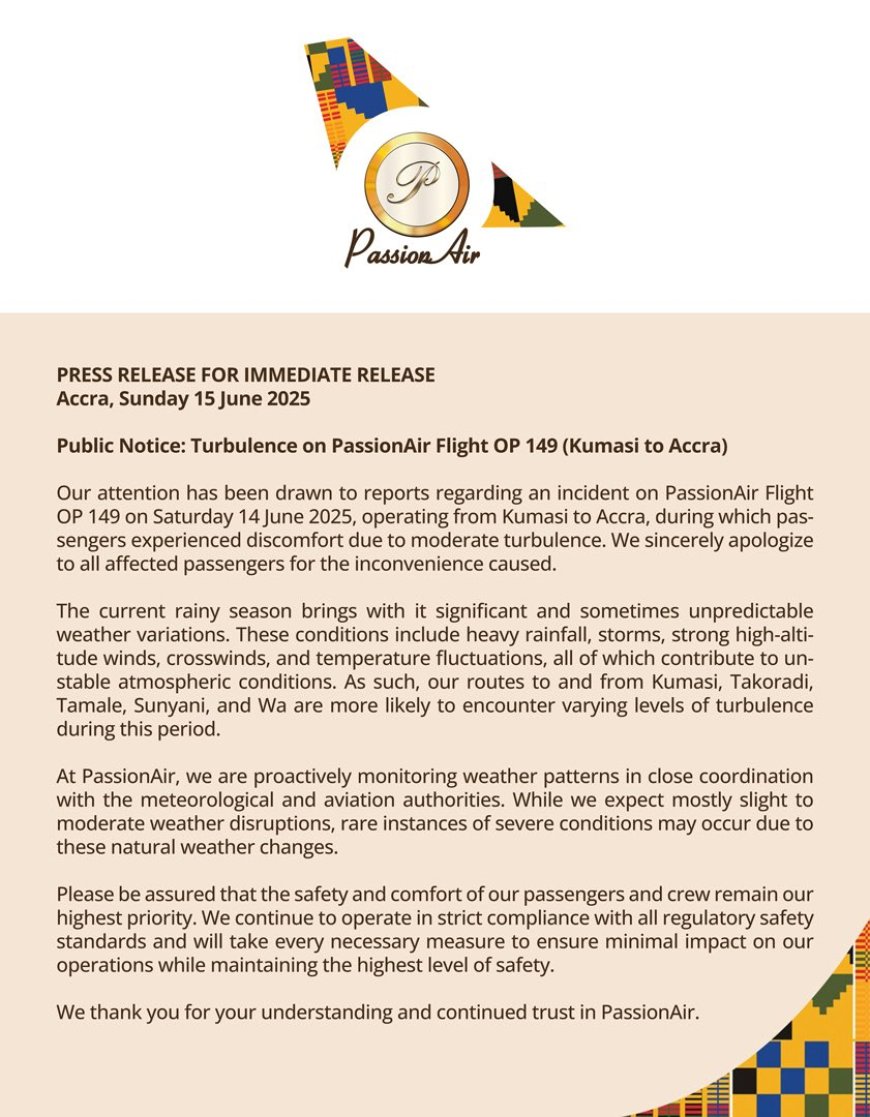 PassionAir Addresses Turbulence Incident on Kumasi-Accra Flight