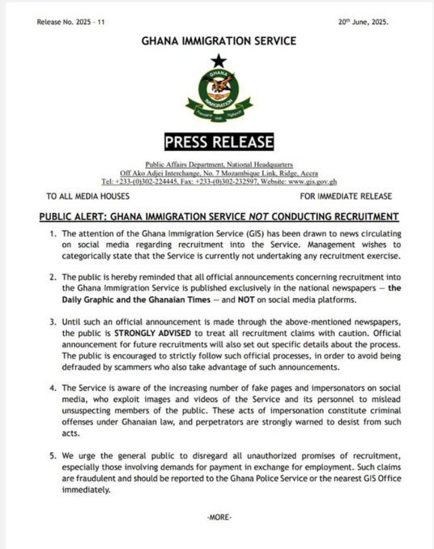 Ghana Immigration Service Warns Public Against Fake Recruitment Scams