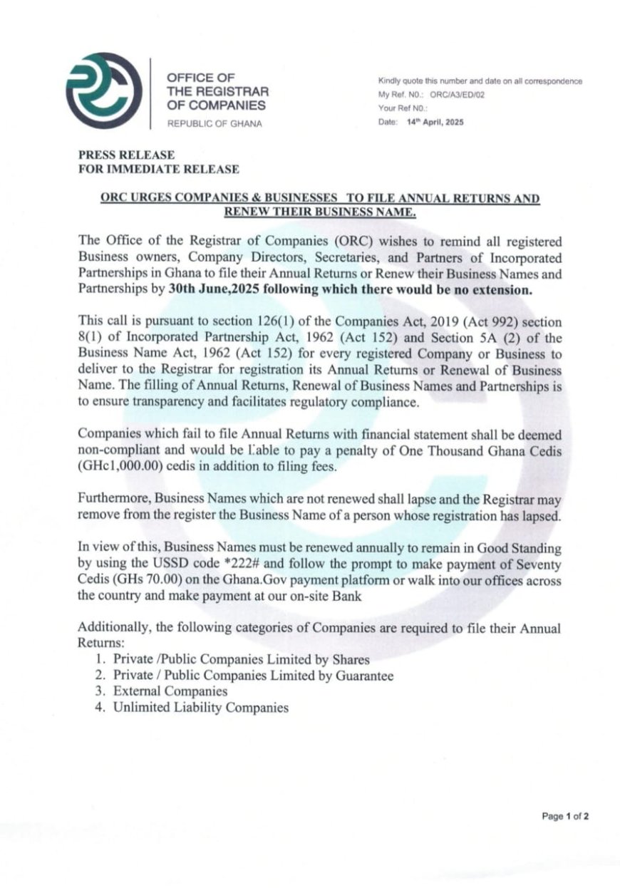 ORC Urges Businesses to File Annual Returns and Renew Business Names by June 30 Deadline