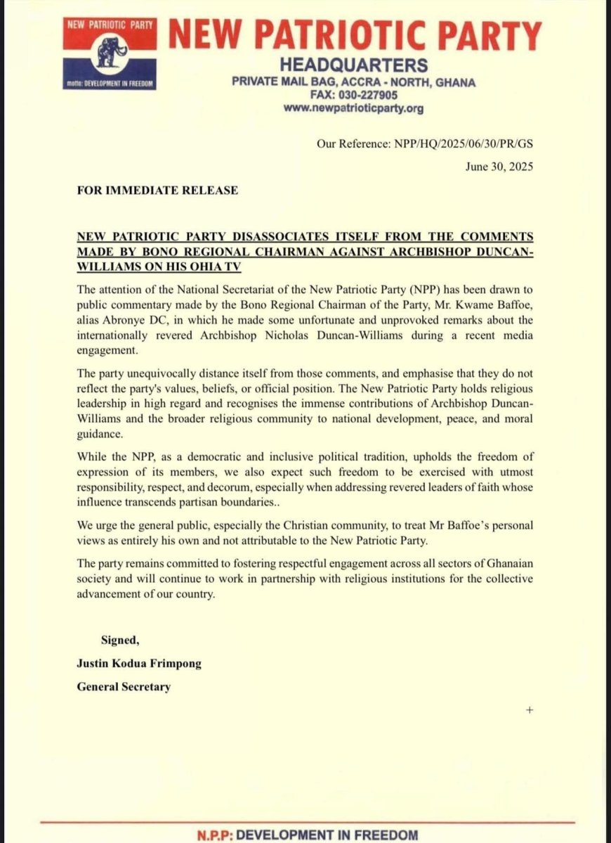 NPP Disowns Abronye DC’s Comments Against Archbishop Duncan-Williams