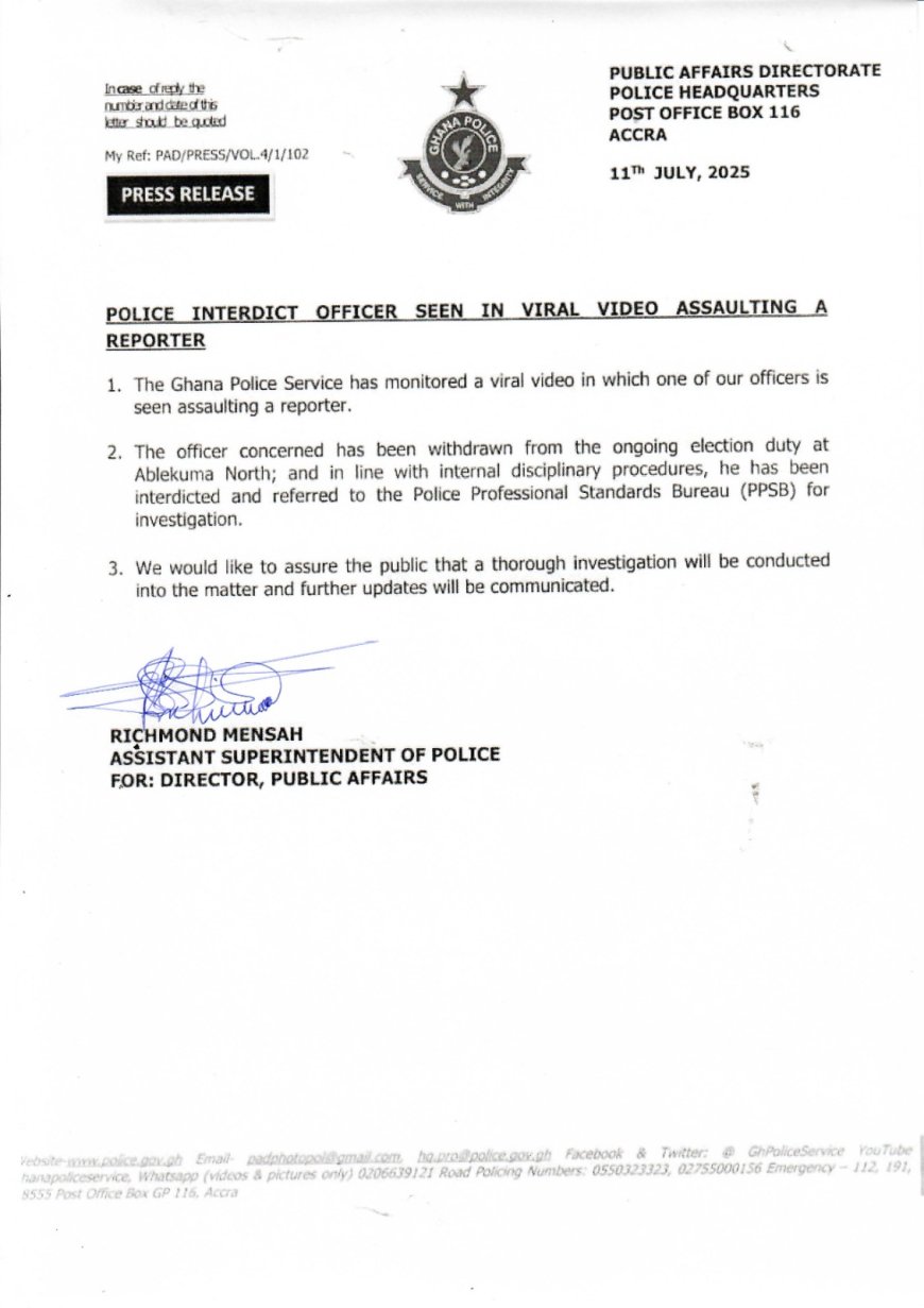 Police Officer Interdicted for Assaulting Journalist During Ablekuma North Election Rerun