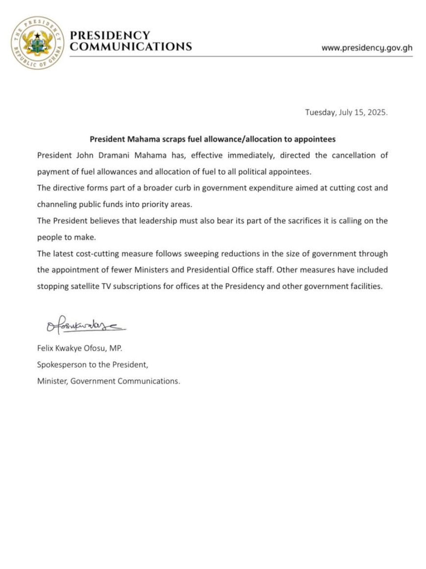 President Mahama Cancels Fuel Allowances for Political Appointees in New Cost-Cutting Drive