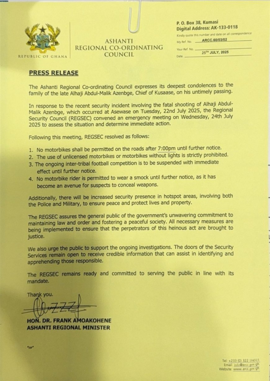 Ashanti Regional REGSEC bans use of motorbikes after 7pm until further notice