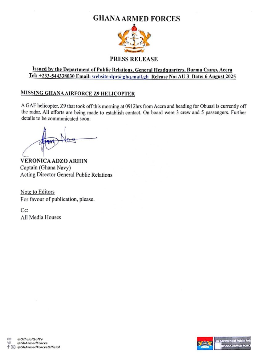 Ghana Air Force Z-9 Helicopter Missing After Take-Off From Accra