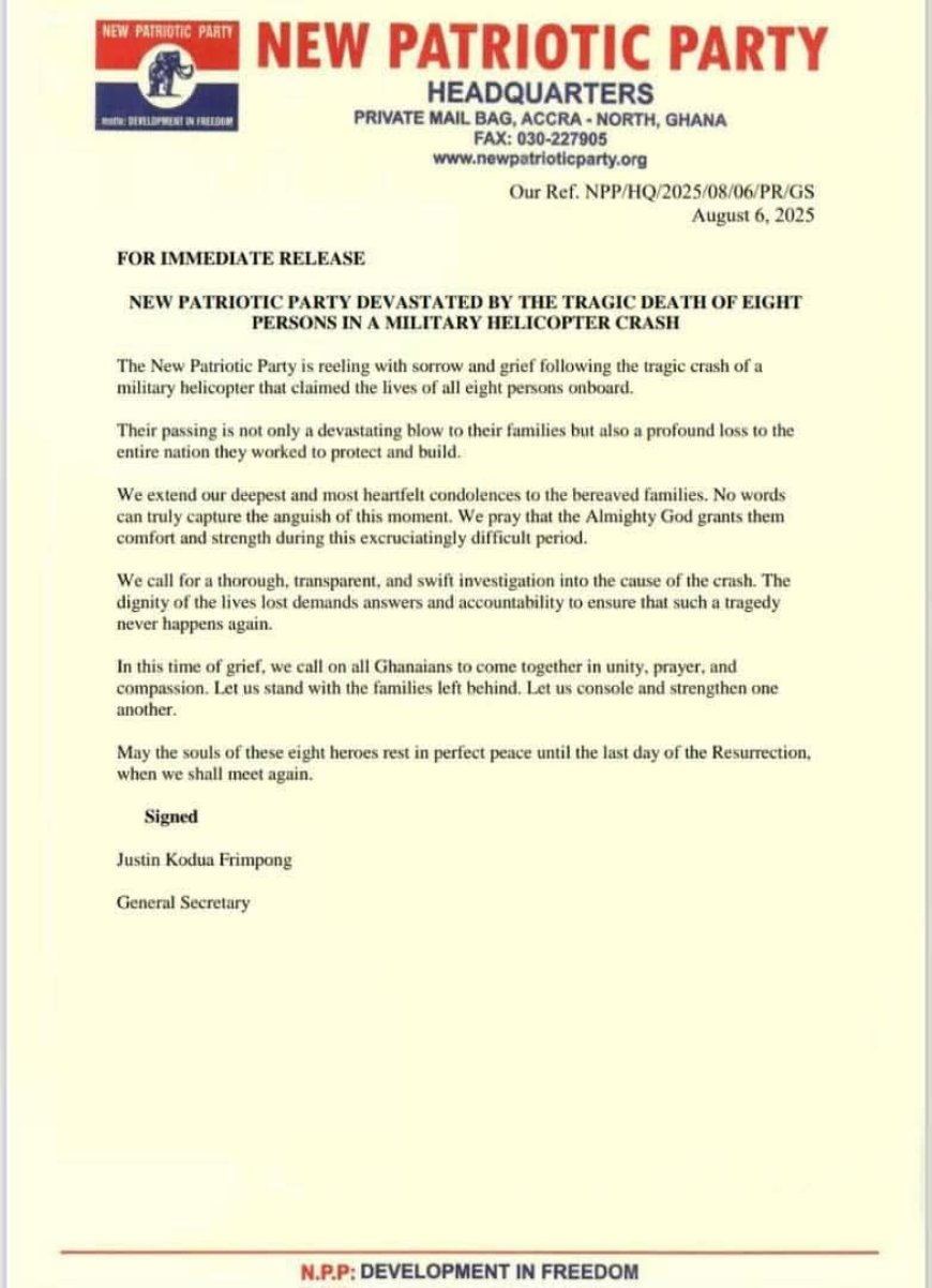 NPP Mourns Victims of Military Helicopter Crash, Calls for Swift Investigation
