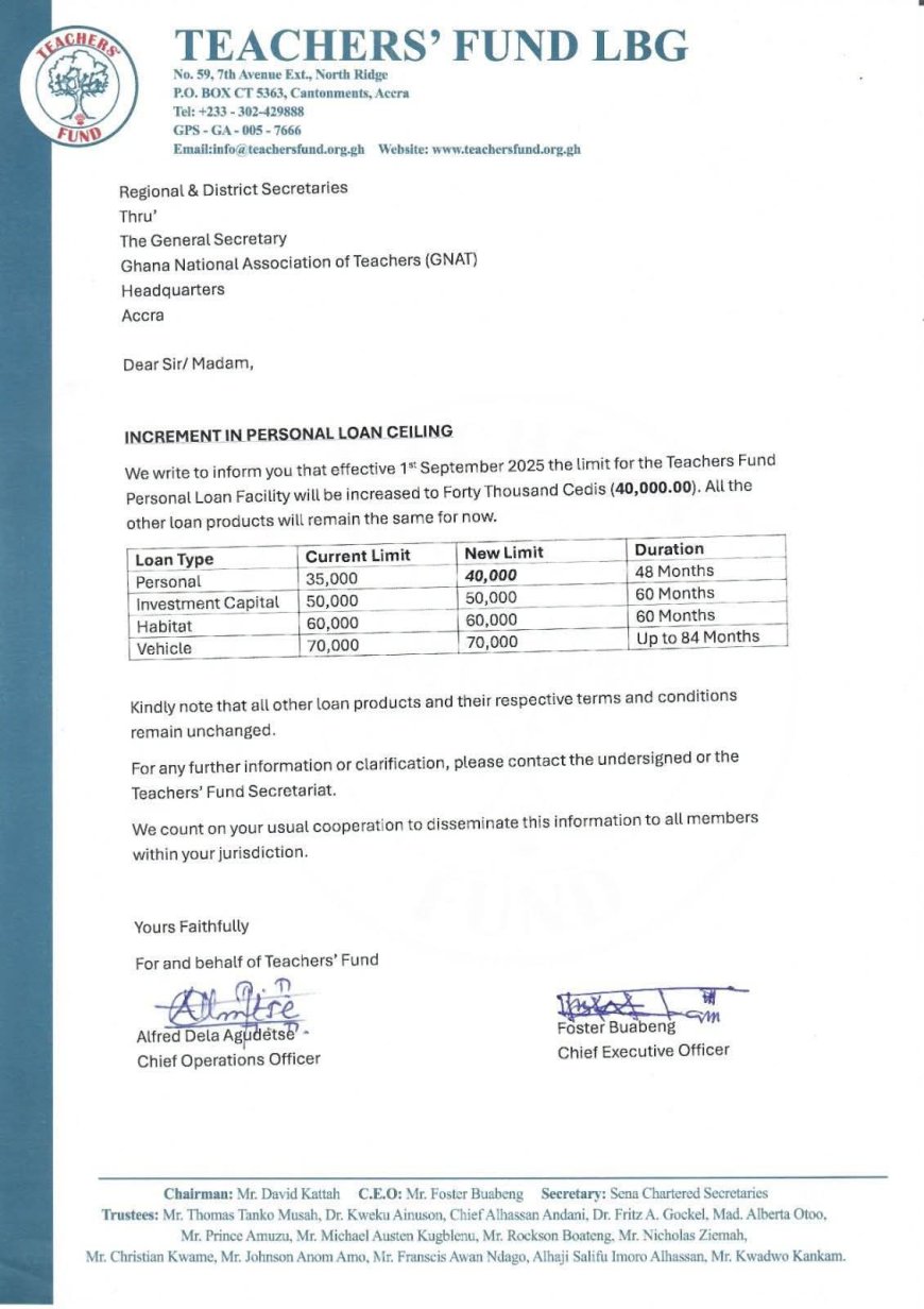 Teachers’ Fund Increases Personal Loan Ceiling to GH₵40,000 Effective September