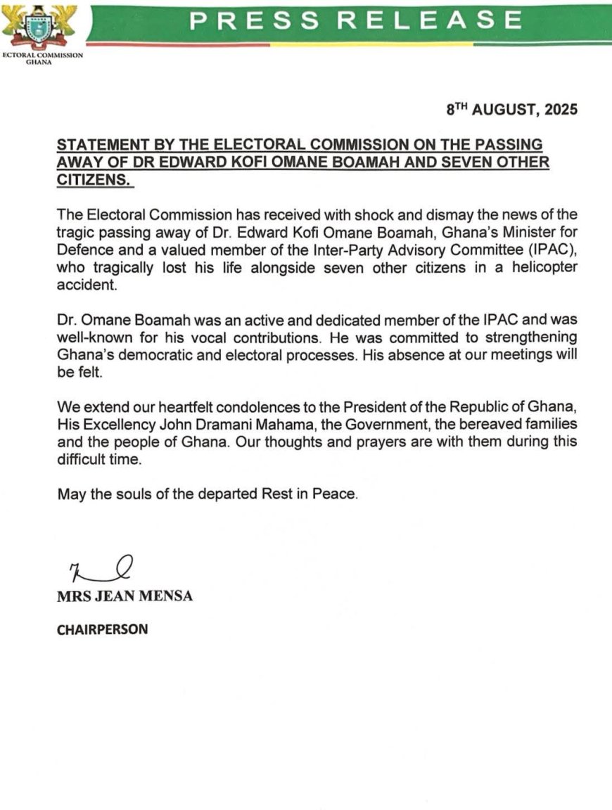 Electoral Commission Mourns Defence Minister Dr. Omane Boamah and Seven Others