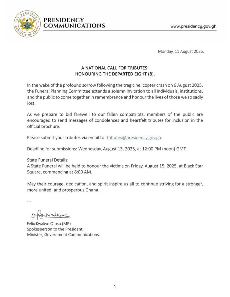 Presidency Calls for Tributes Ahead of State Funeral for Helicopter Crash Victims