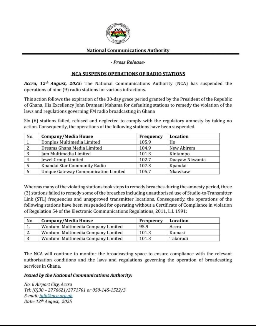 NCA Suspends Nine Radio Stations for Regulatory Breaches