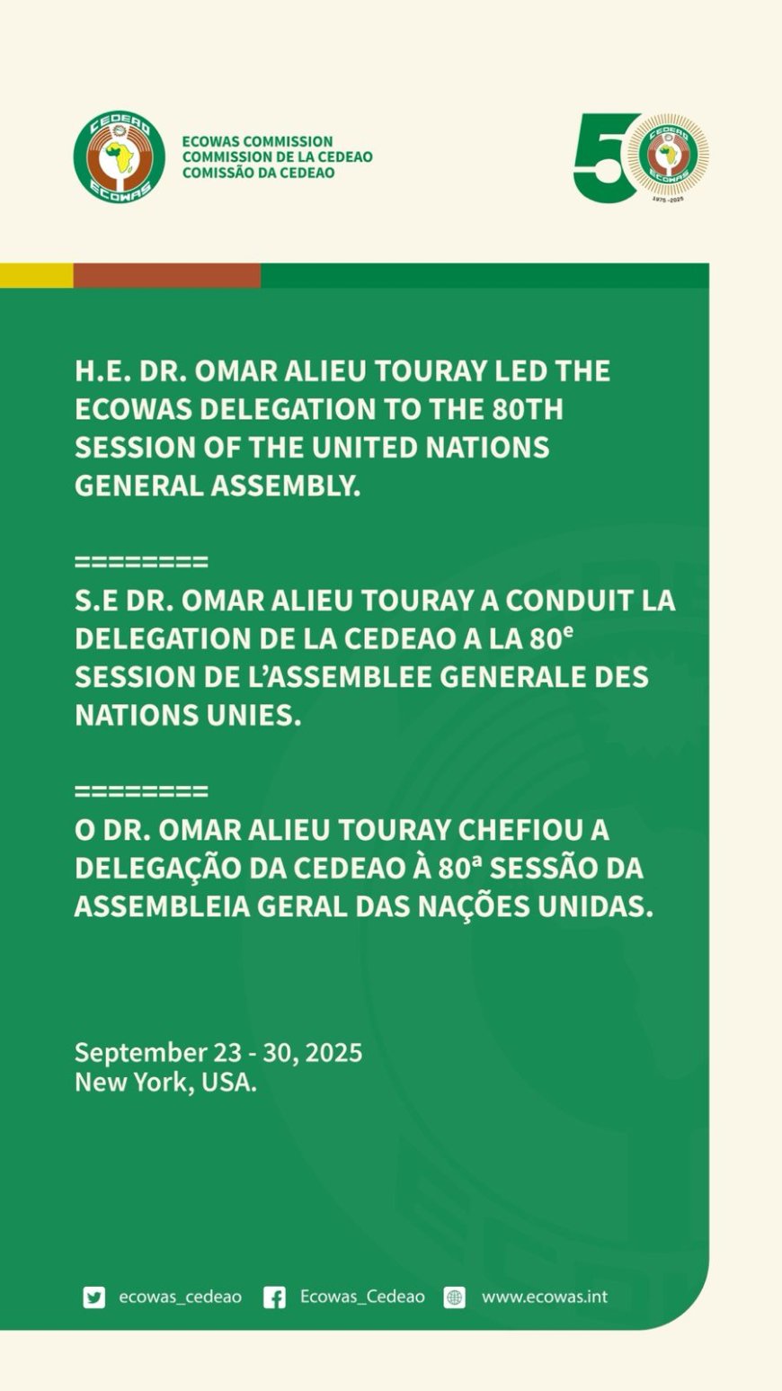 ECOWAS Reaffirms Commitment to Peace and Development at UN General Assembly