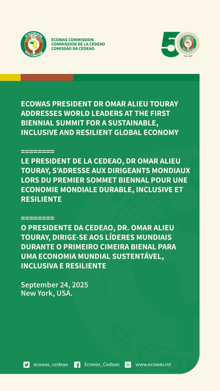 ECOWAS President Calls for Stronger Global Support for Peace and Inclusive Development at UN Summit