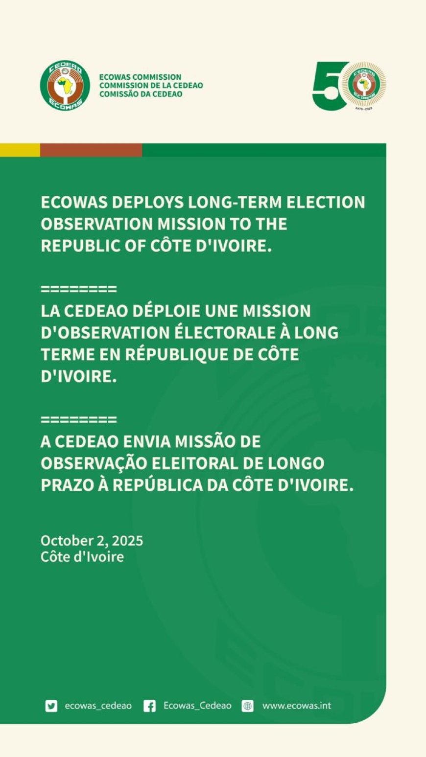 ECOWAS Deploys Long-Term Mission to Observe Côte d’Ivoire’s October Presidential Election