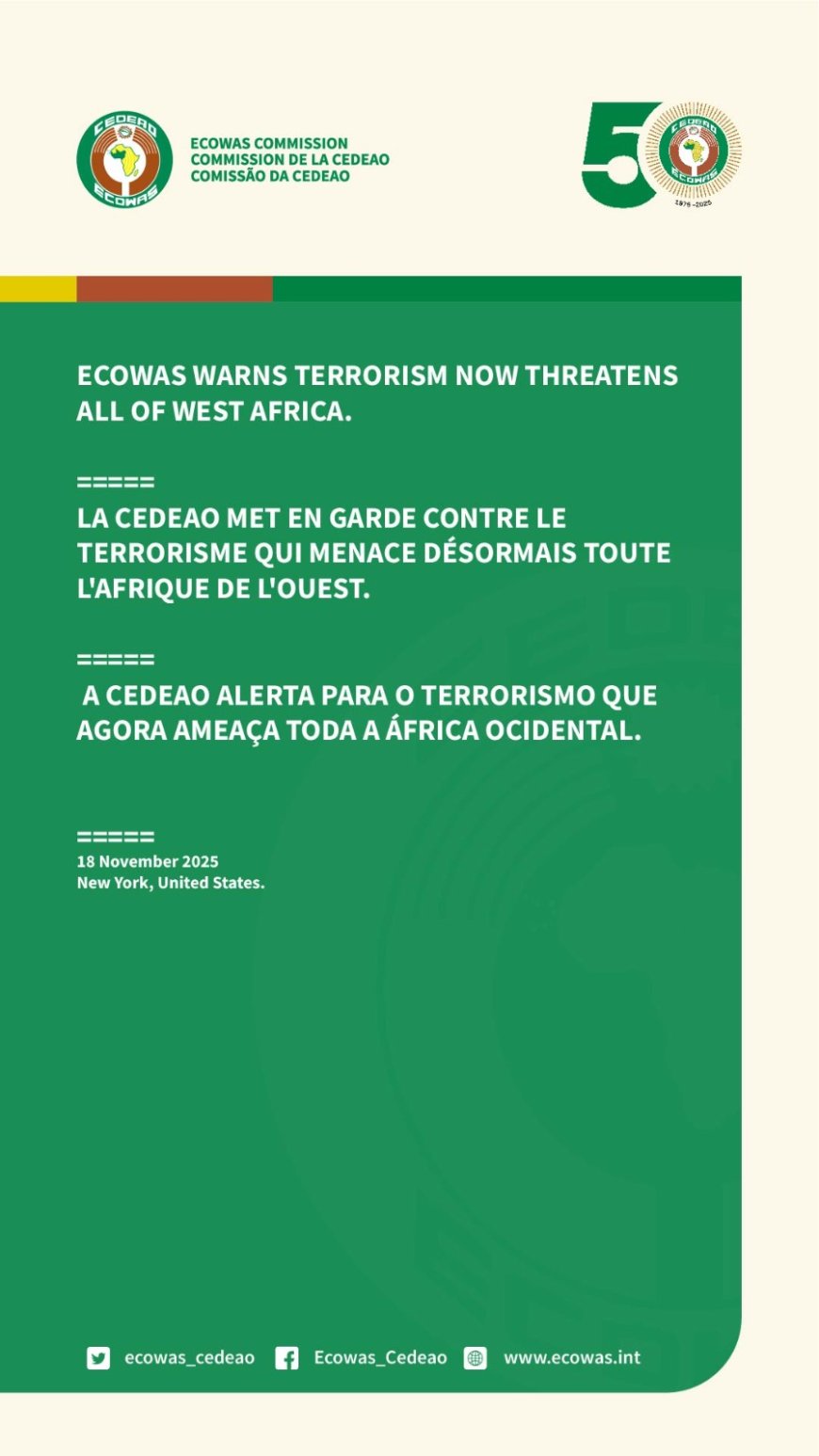 ECOWAS Sounds Alarm as Terrorism Expands Across West Africa, Records 1,900 Deaths in 2025